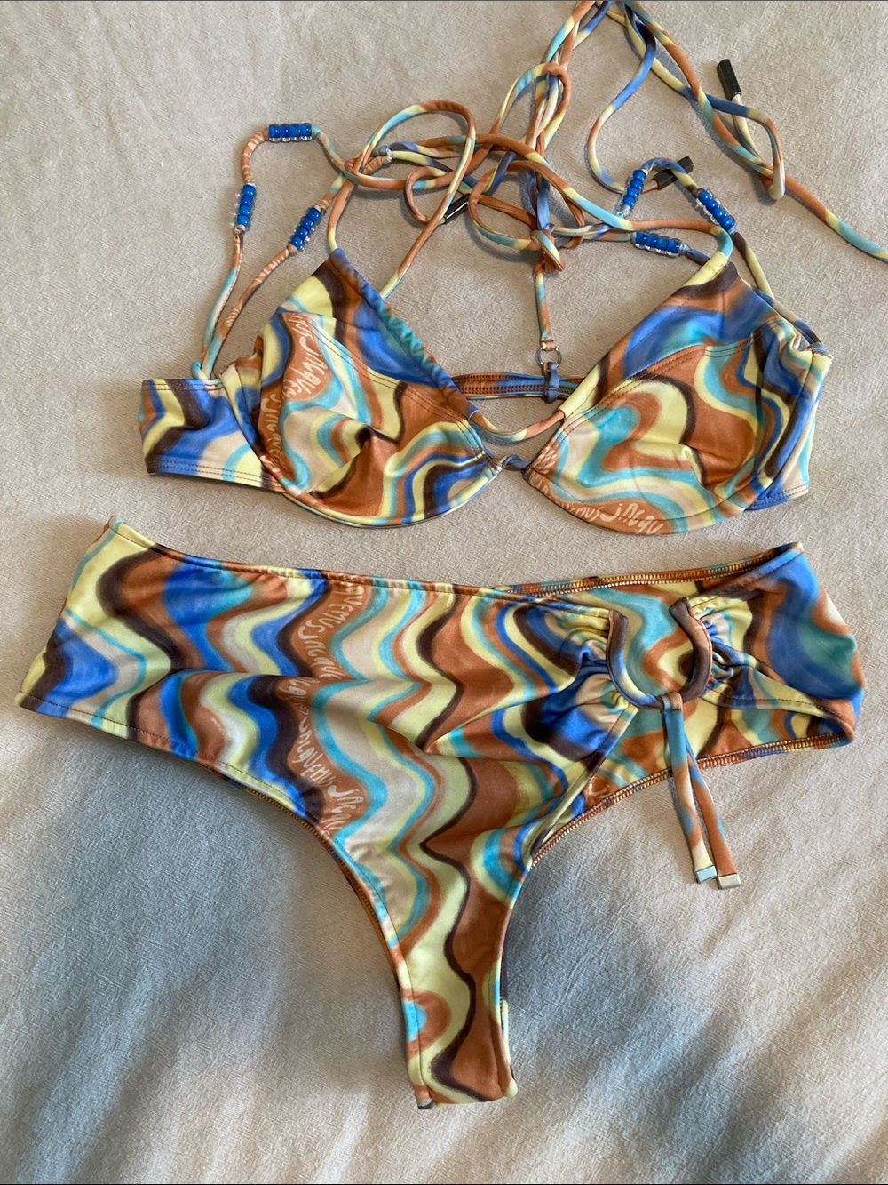 Jacquemus Multicolor Wavy Print Bikini — Blue, Brown, Cream